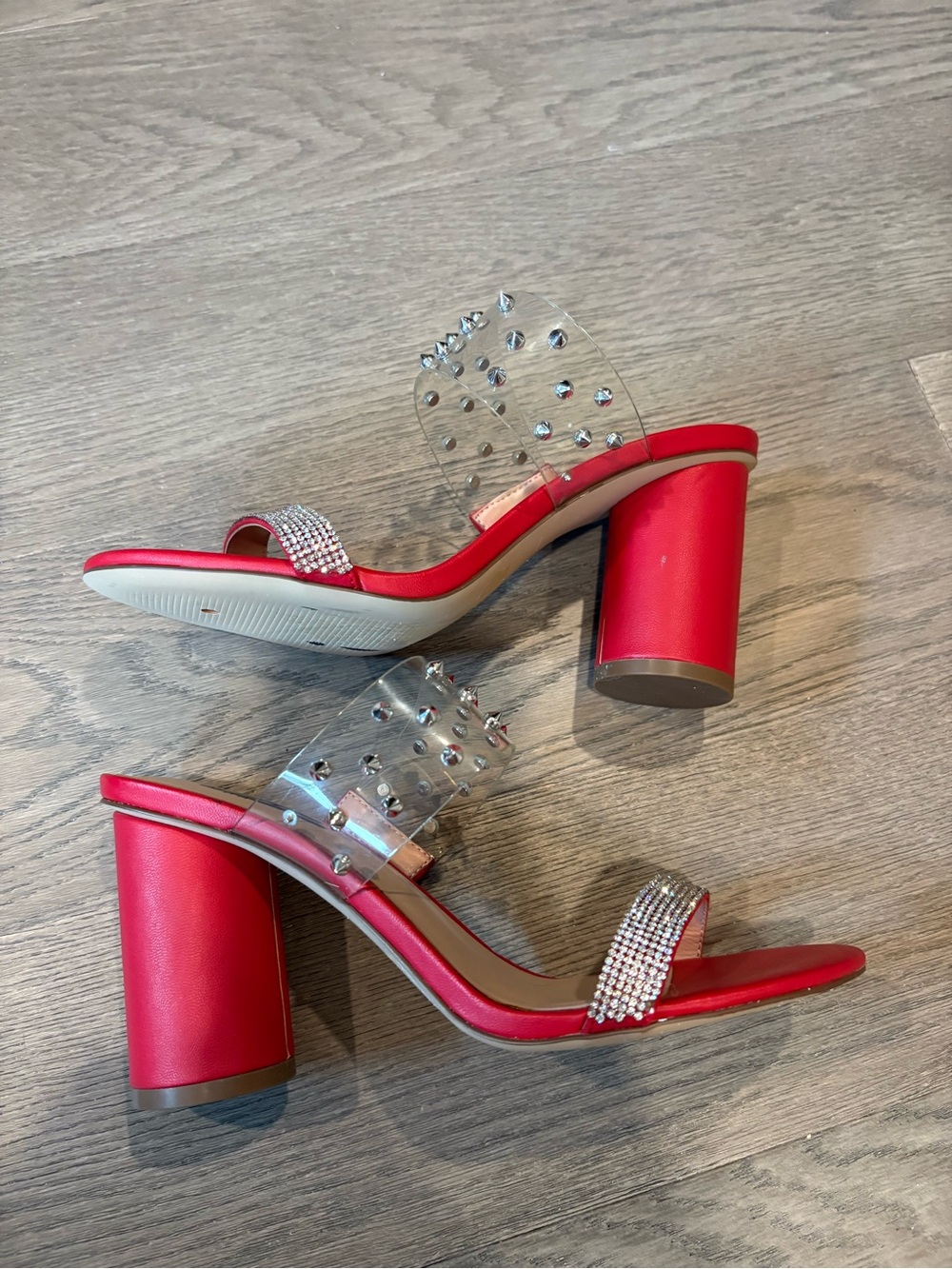 Call It Spring Red Rhinestone Block Heel Mules with Clear Studded Strap - Picture 5 of 15